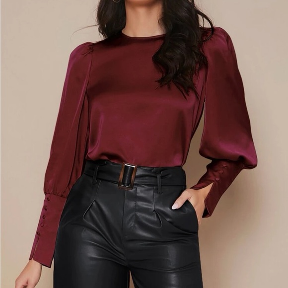 Luxe button cuff lantern sleeve satin blouse - Picture 7 of 13